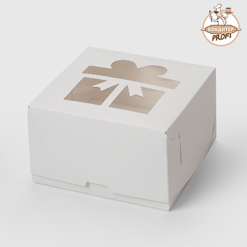 Картонная упаковка для капкейков с окном - Белая "Подарок" 4 ячейки"  160х160х100 (040350) (1 шт.)