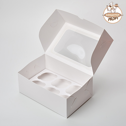 Картонная упаковка для капкейков с окном - "Белая, 6 ячеек" (1 шт.)