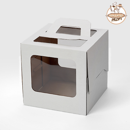 Картонная упаковка для торта с окном и ручкой  - "Белая, гофра 20х20х20м"(1шт)