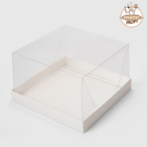 Картонная упаковка под торт с прозрачными стенками - Белая 235х235х140мм (1шт)