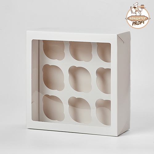 Картонная упаковка для капкейков с окном - "Белая, 9 ячеек"  235х235х100 (040573) (1 шт.)