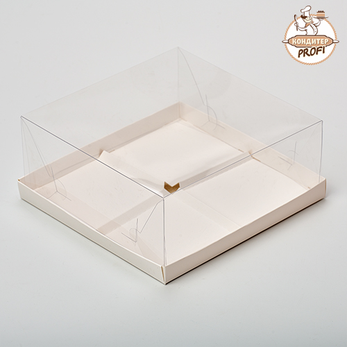 Коробка для пирожных и муссовых дес. с пласт. крышкой Белая 190х190х80 4 пирож. (1шт)