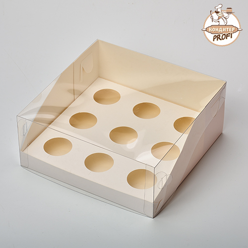 Коробка под капкейки на 9 ячеек "Белая" с пластиковой крышкой 235х235х100 (1 шт.)