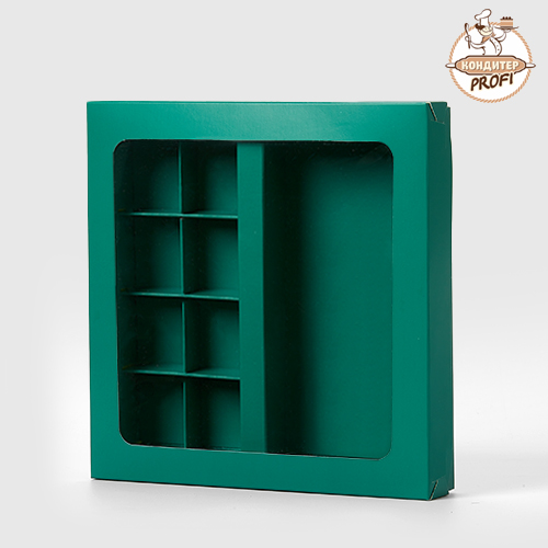 Картонная упаковка для 8 конф. с вклеенным окном "Зеленая мат" 20х20х30мм+плитка шок.16х8см (1шт)