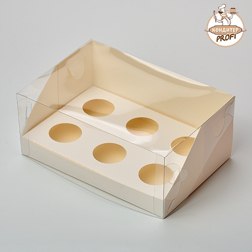 Коробка под капкейки на 6 ячеек "Белая" с пластиковой крышкой 235х160х100 (1 шт.)