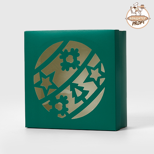 Картонная упаковка с окном для зефира,тортов, пирожных-"Новогодний шар" Зеленая мат. 200х200х70мм (1