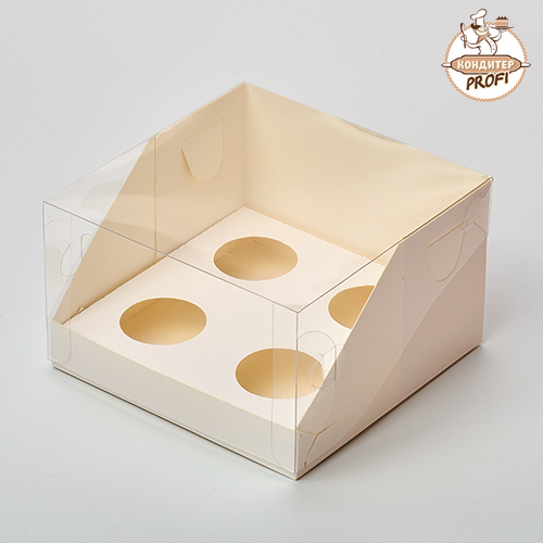 Коробка под капкейки на 4 ячейки "Белая" с пластиковой крышкой 160х160х100 (1 шт.)