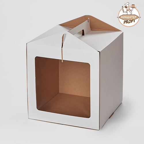 Картонная упаковка для торта с окном и ручкой - "Белая, 26х26х28см" (1шт.) 