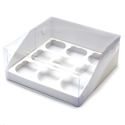 Коробка под капкейки на 9 ячеек "Белая" с пластиковой крышкой 235х235х100 (1 шт.)