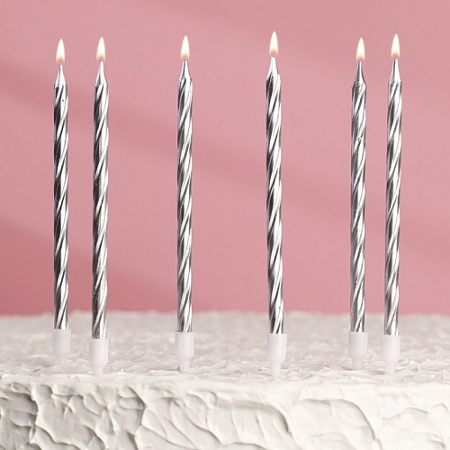 Свечи в торт "Металлик", 14см 6шт с подставкой, серебристые