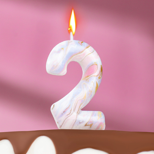 Свеча в торт "Белый мрамор", цифра "2", 5,5 см (1шт)