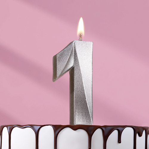 Свеча в торт "Грань", цифра "1", серебряный металлик, 6,5 см (1шт)