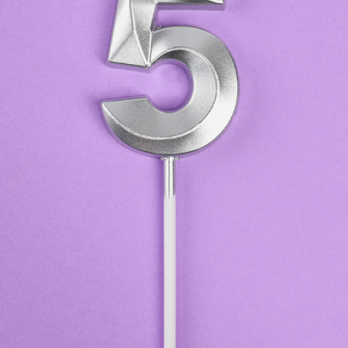 Свеча в торт на шпажке «Грань», цифра 5, серебро, 5 см (1шт)